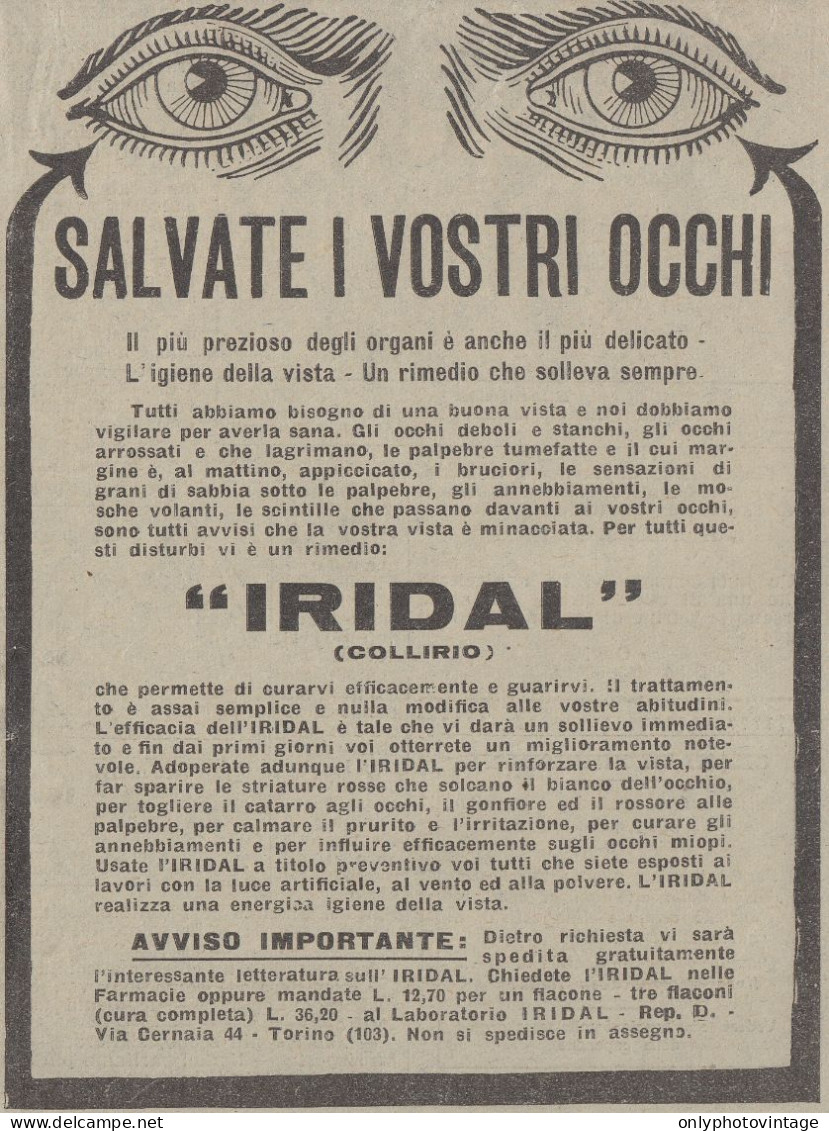 Collirio IRIDAL - Pubblicità D'epoca - 1931 Vintage Advertising - Pubblicitari