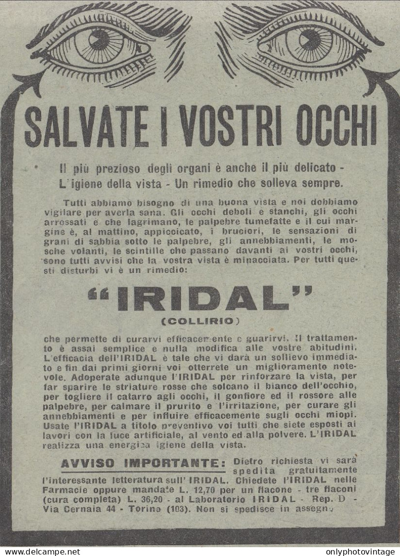 Collirio IRIDAL - Pubblicità D'epoca - 1931 Vintage Advertising - Pubblicitari