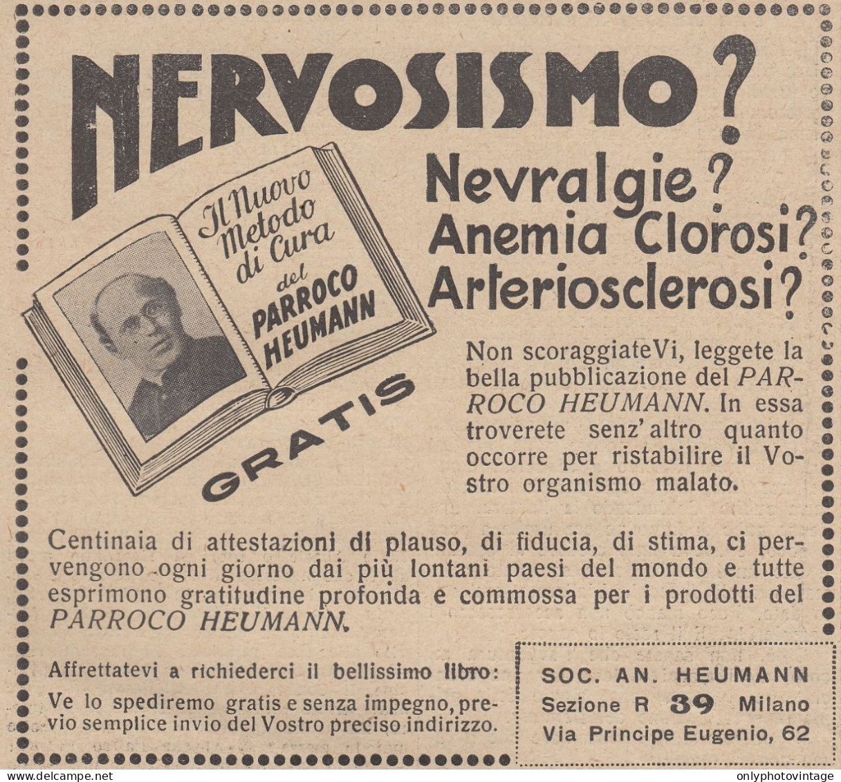 Il Nuovo Metodo Di Cura Del Parroco HEUMANN - Pubblicità D'epoca - 1931 Ad - Advertising