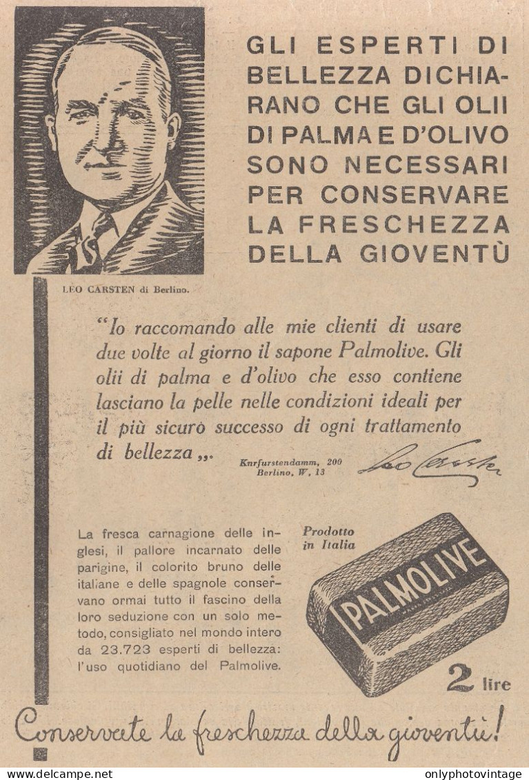 Sapone PALMOLIVE - Leo Carsten - Pubblicità D'epoca - 1931 Old Advertising - Reclame