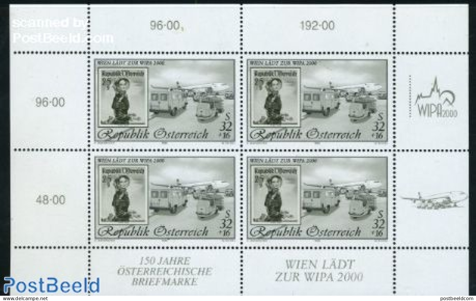 Austria 1999 WIPA M/s, Blackprint, Mint NH, Transport - Various - Post - Stamps On Stamps - Automobiles - Aircraft & A.. - Ungebraucht