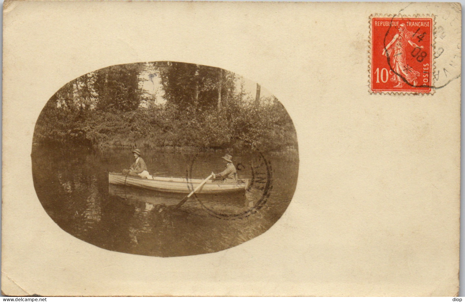 CP Carte Photo D&#039;&eacute;poque Photographie Vintage Groupe Barque Rame Couple - Couples