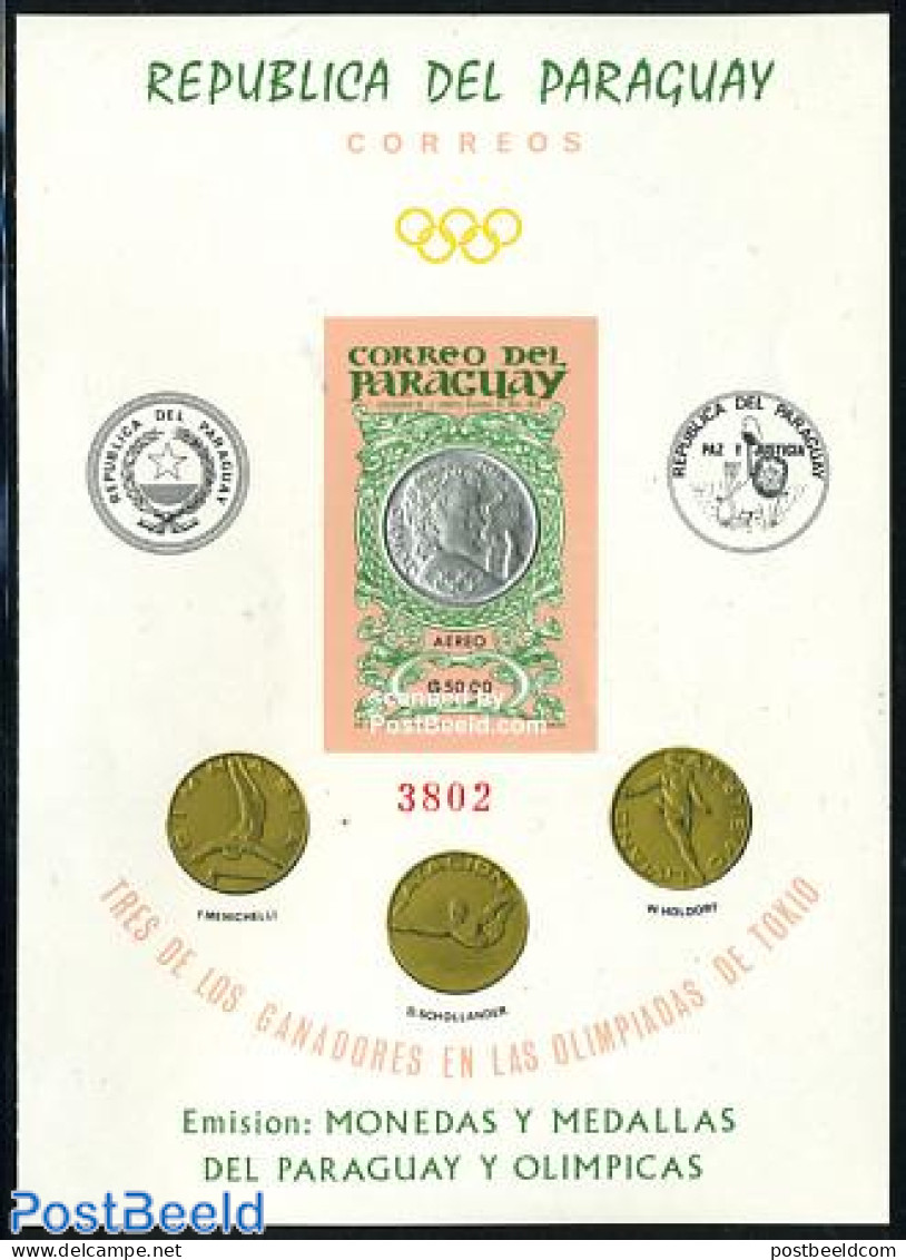 Paraguay 1965 Olympic Medal S/s (medal Sticked On Stamp) Imperf., Mint NH, Sport - Olympic Games - Paraguay