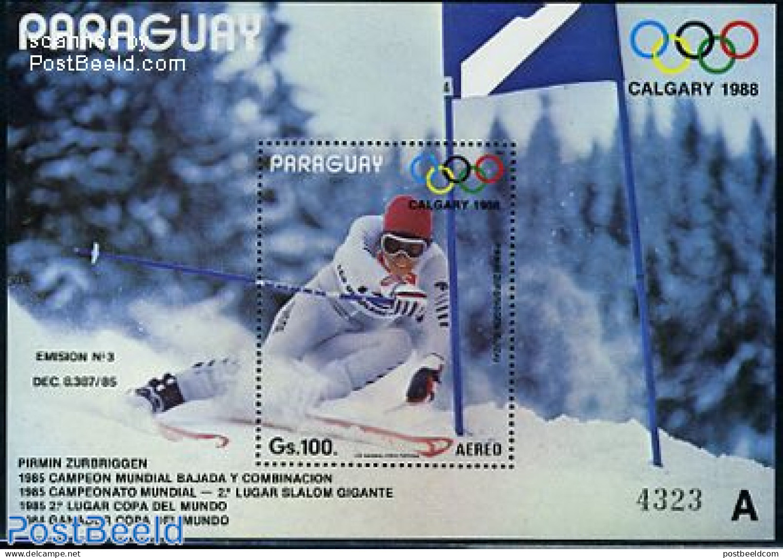Paraguay 1987 Olympic Winter Games S/s, Mint NH, Sport - Olympic Winter Games - Skiing - Skiing