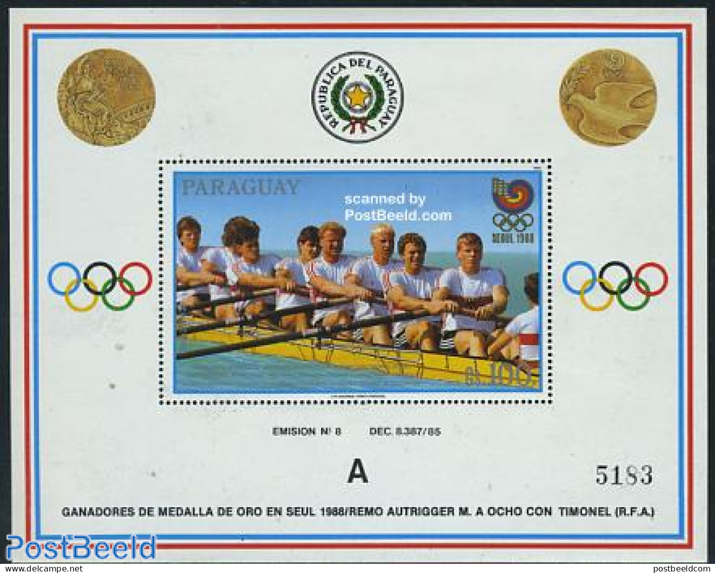 Paraguay 1989 Olympic Winners S/s, Rowing, Mint NH, Sport - Kayaks & Rowing - Rowing