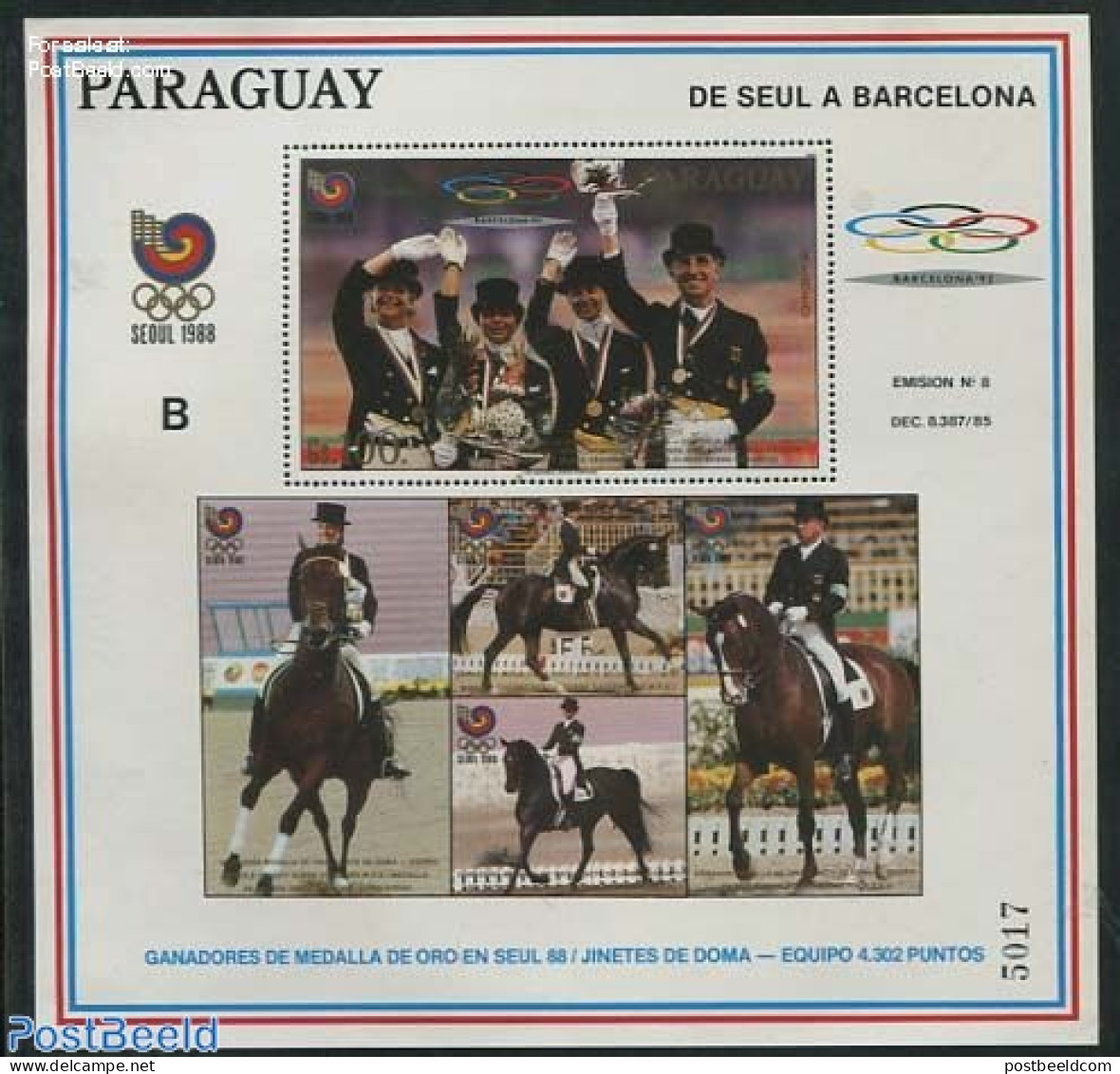 Paraguay 1989 Olympic Winners S/s, Mint NH, History - Nature - Sport - Germans - Horses - Olympic Games - Paraguay