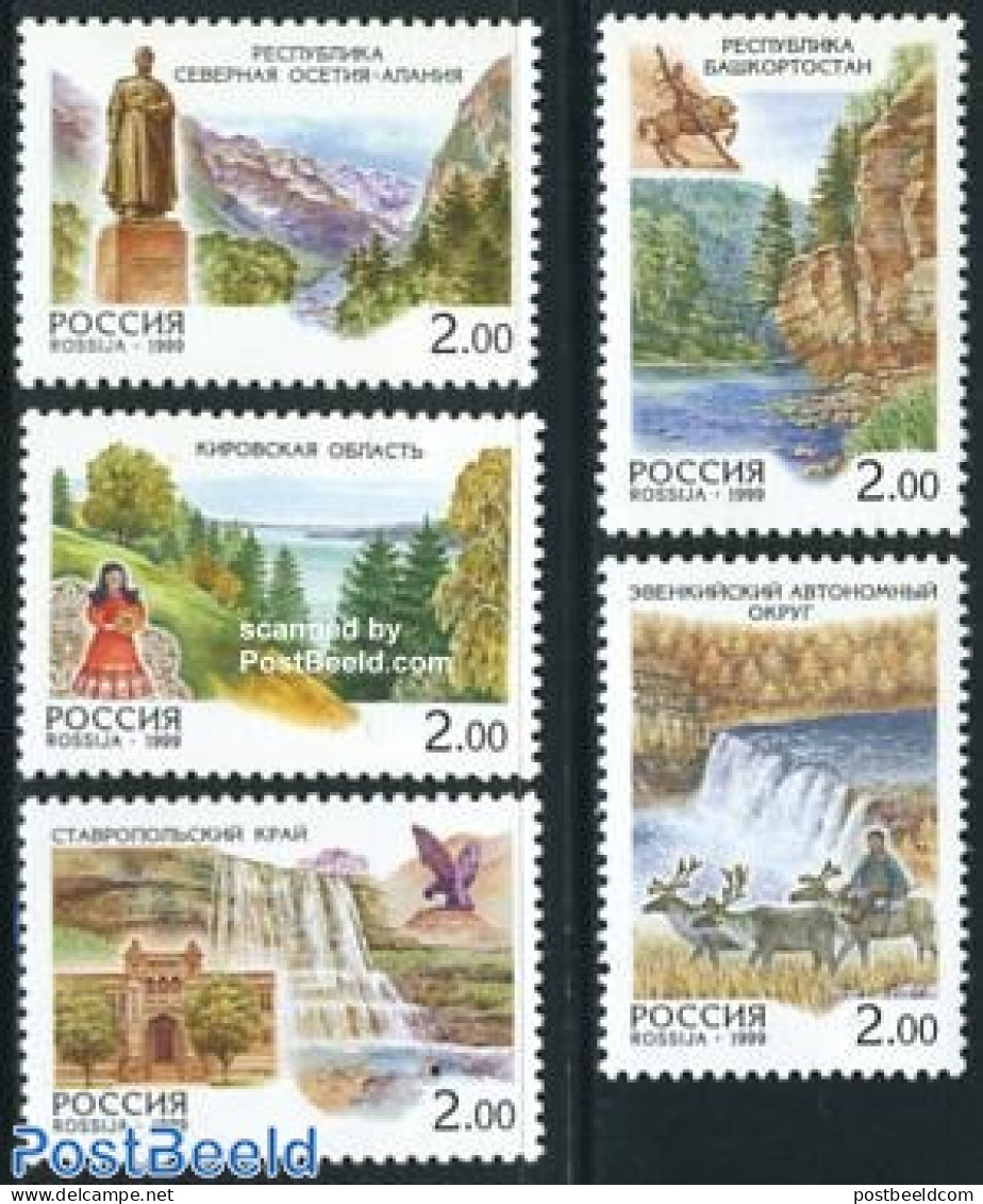 Russia 1999 Regions III 5v, Mint NH, Nature - Animals (others & Mixed) - Water, Dams & Falls - Art - Sculpture - Skulpturen