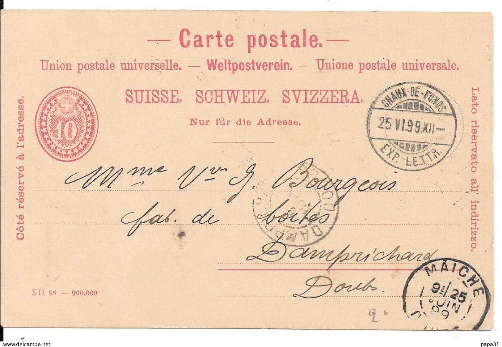 SVIZZERA - SUISSE - HELVETIA - 1899 - CHAUX De FONDS - 10 - Postkaart - Post Card - Intero Postale - Entier Postal - Entiers Postaux
