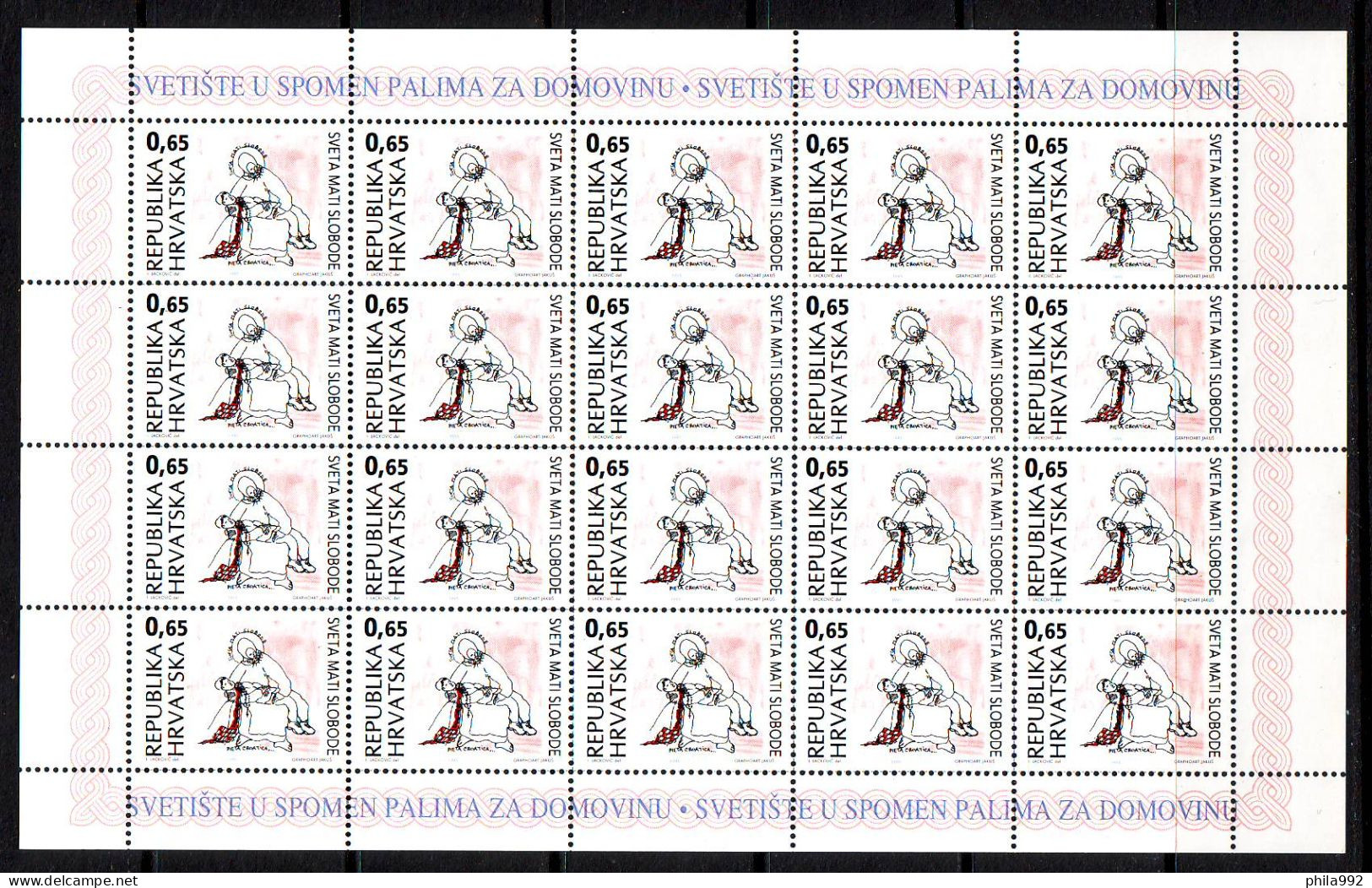 Croatia 1995  Charity Stamps Holy Mother Of Freedom Mi.No.66-68 +booklet With 2 Mini Sheets(10) Mi.Ni.67-88 MNH - Croatie