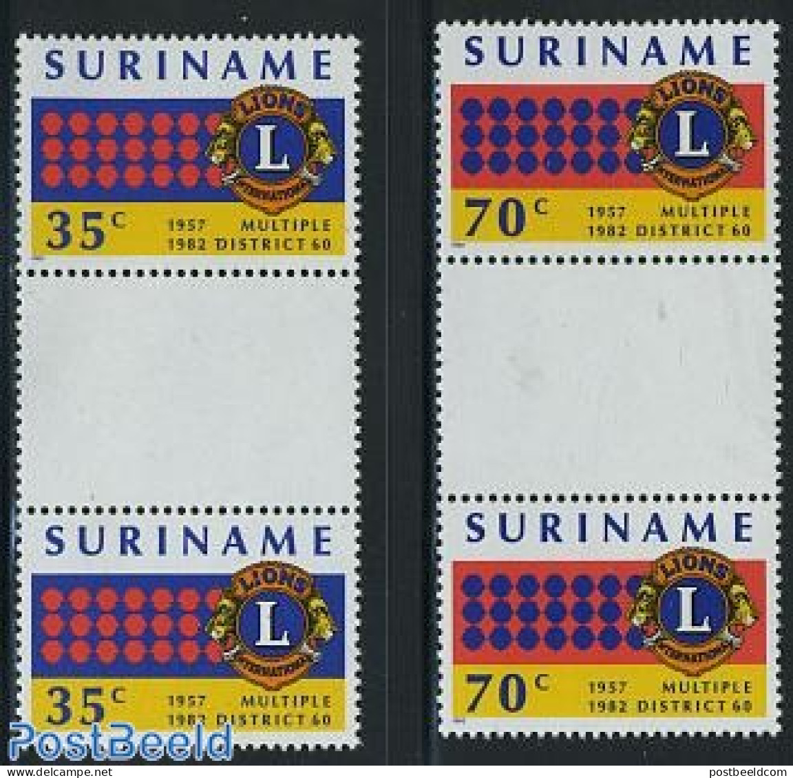 Suriname, Republic 1982 Lions Club 2v Gutter Pairs (white Tabs), Mint NH, Various - Lions Club - Rotary, Lions Club