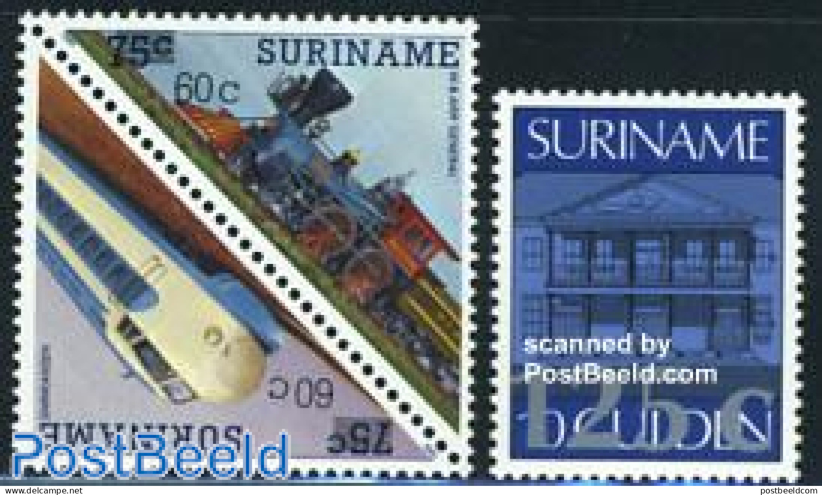 Suriname, Republic 1988 Overprints 3v, Mint NH, Transport - Various - Railways - Banking And Insurance - Eisenbahnen