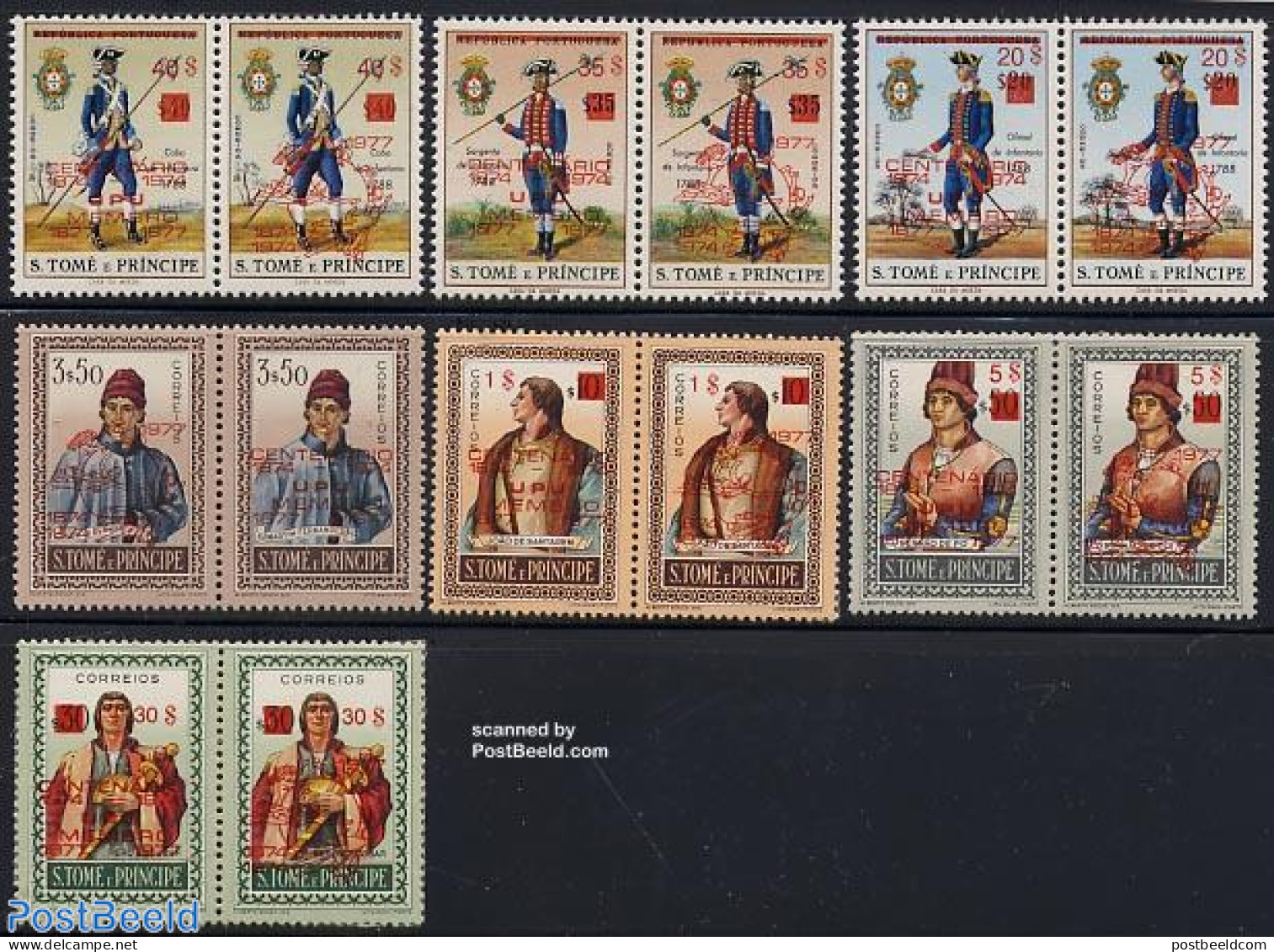 Sao Tome/Principe 1977 UPU Centenary 7x2v [:] Red Overprints, Mint NH, Various - U.P.U. - Uniforms - U.P.U.