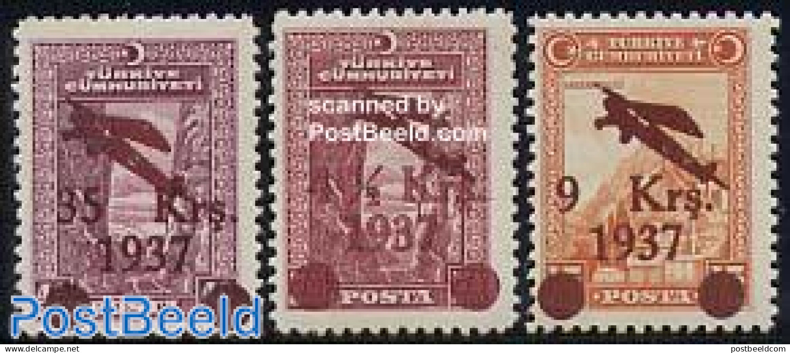 Turkey 1937 Airmail Overprints 3v, Mint NH, Transport - Aircraft & Aviation - Autres & Non Classés