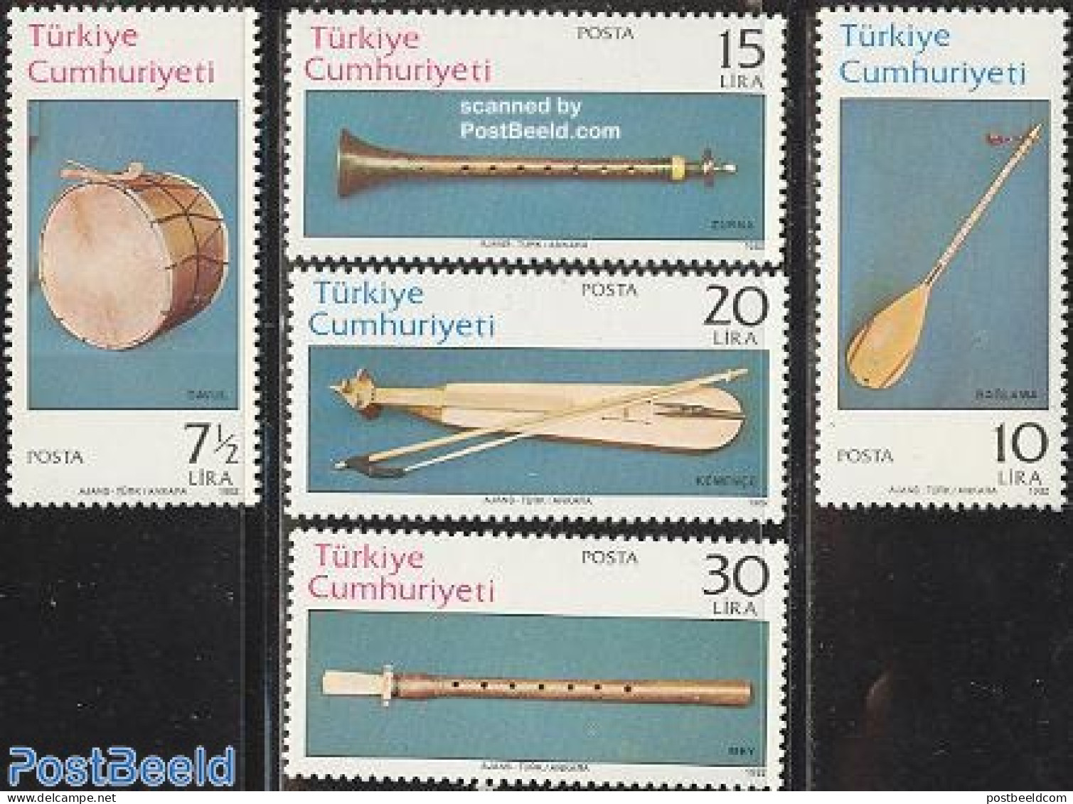 Türkiye 1982 Music Instruments 5v, Mint NH, Performance Art - Music - Musical Instruments - Other & Unclassified