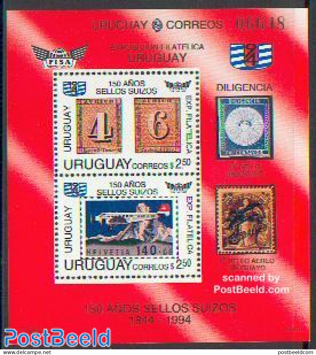 Uruguay 1993 FISA Exposition S/s, Mint NH, Transport - Stamps On Stamps - Aircraft & Aviation - Briefmarken Auf Briefmarken
