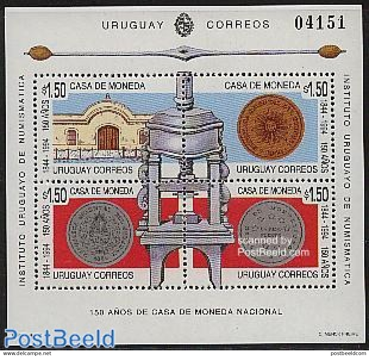 Uruguay 1994 National Coin S/s, Mint NH, Various - Money On Stamps - Monnaies