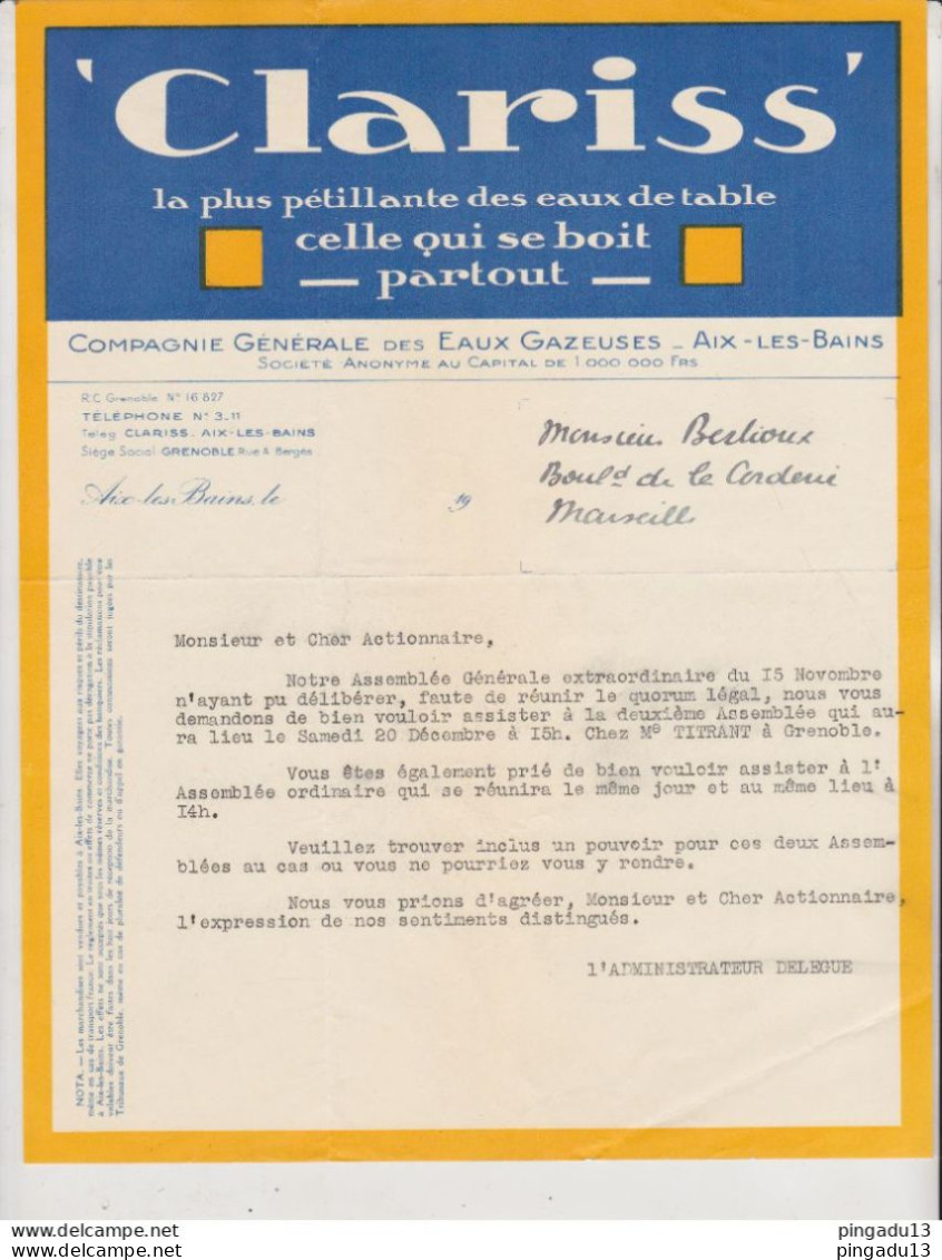 Fixe Lettre En-tête Clariss Eau De Table Aix Les Bains 5 Mars 1930 - Alimentaire