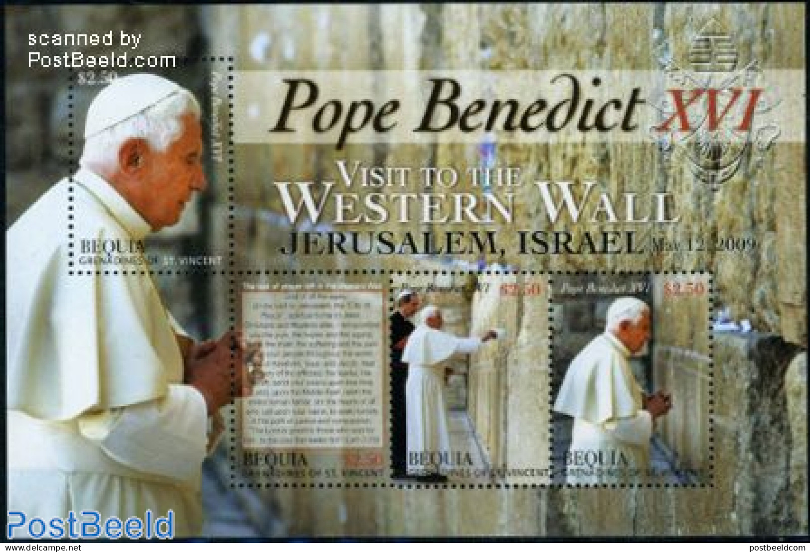 Saint Vincent & The Grenadines 2009 Bequia, Popes Visit To Israel 4v M/s, Mint NH, Religion - Pope - Religion - Popes