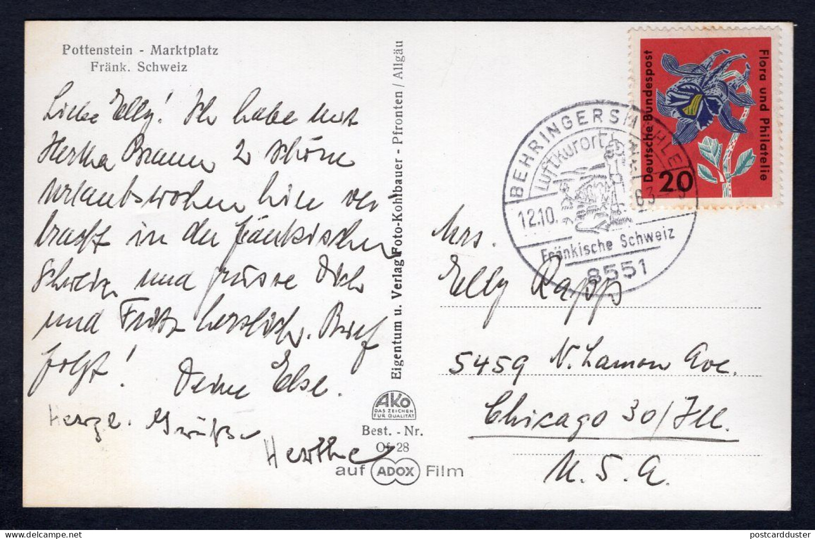 Germany 1963 POTTENSTEIN Marktplatz. Sonderstempel. Old Postcard  (h2879) - Pottenstein