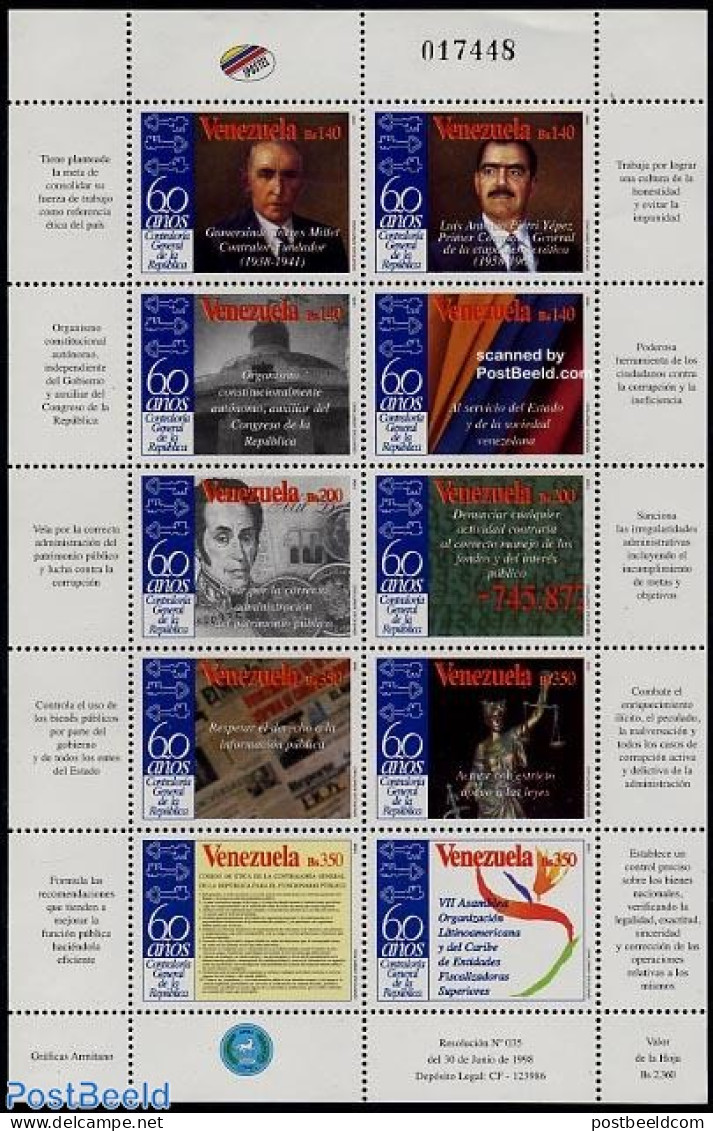 Venezuela 1998 General Control Chamber 10v M/s, Mint NH, History - Various - Newspapers & Journalism - Justice - Money.. - Coins