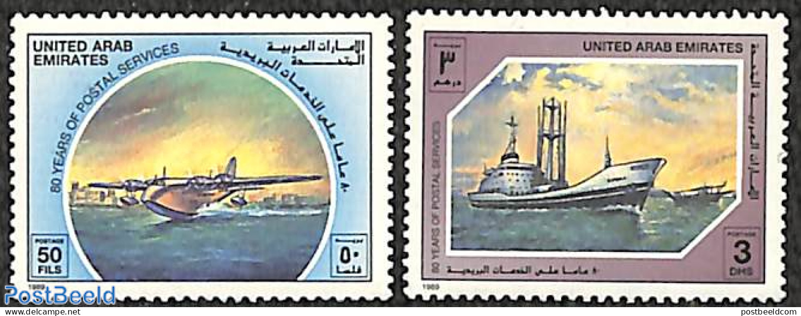 United Arab Emirates 1989 Postal Service 2v, Mint NH, Transport - Post - Ships And Boats - Poste