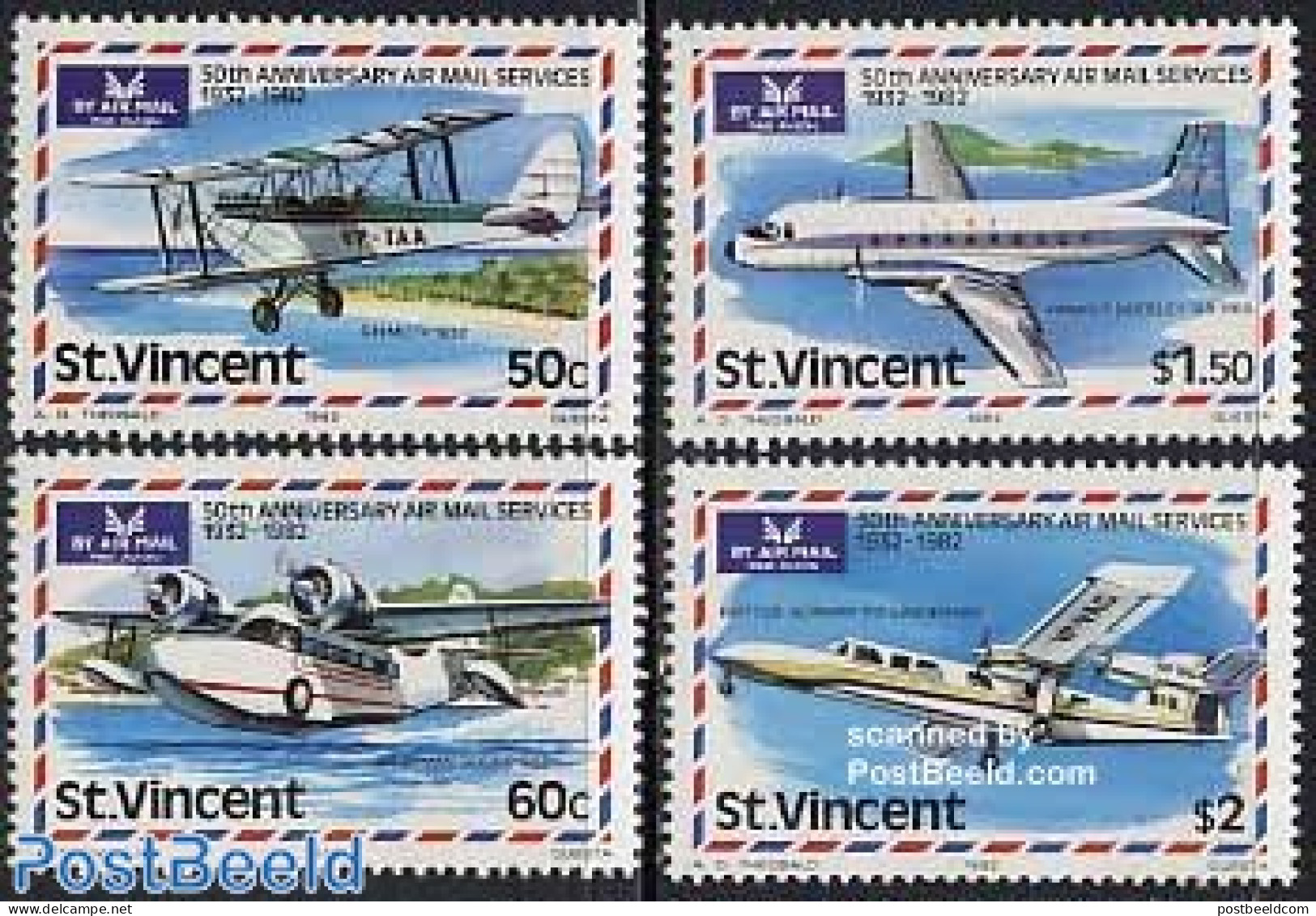 Saint Vincent 1982 50 Years Airmail 4v, Mint NH, Transport - Post - Aircraft & Aviation - Poste