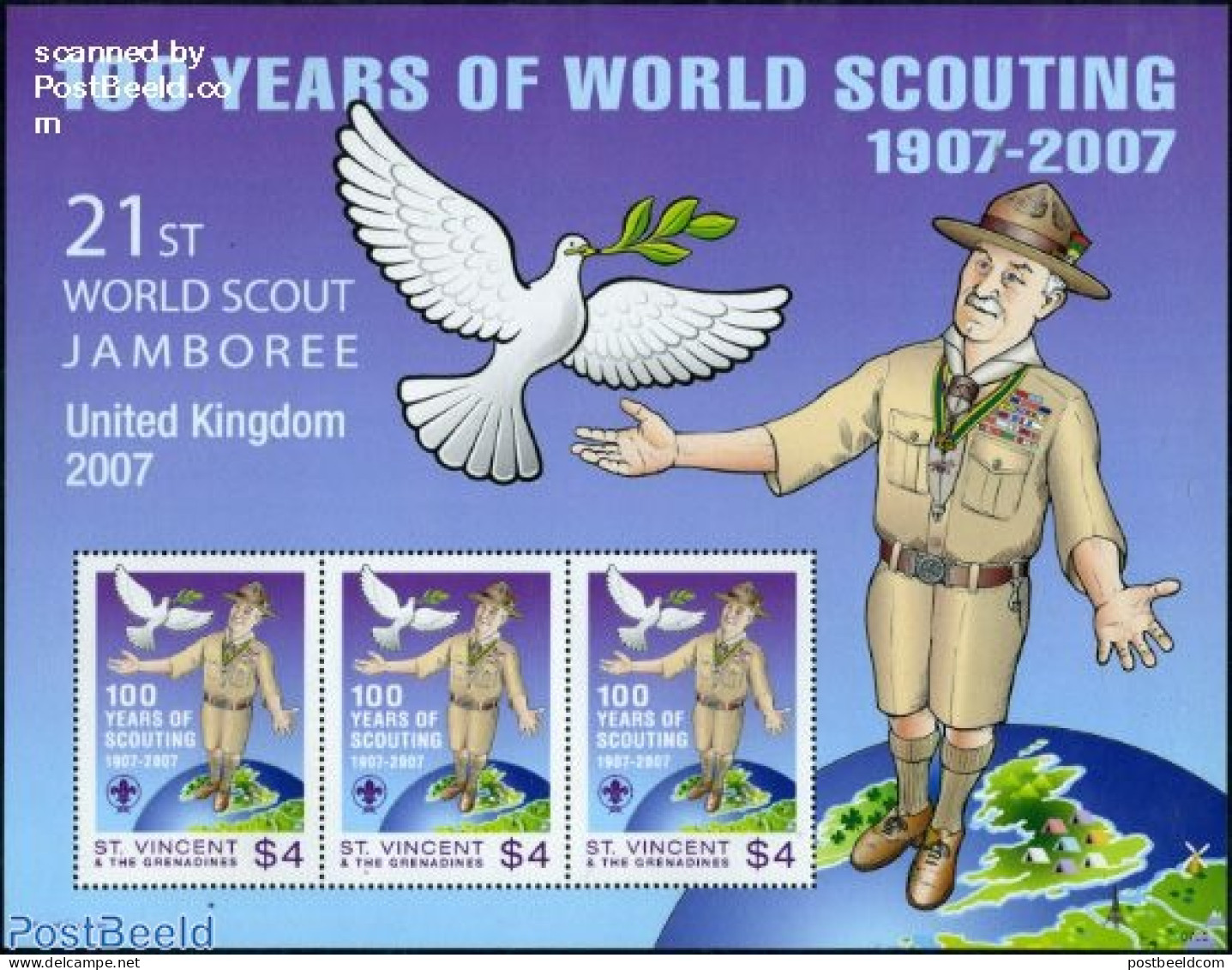 Saint Vincent 2007 100 Years Scouting M/s (with 3 Stamps), Mint NH, Nature - Sport - Birds - Scouting - St.Vincent (1979-...)