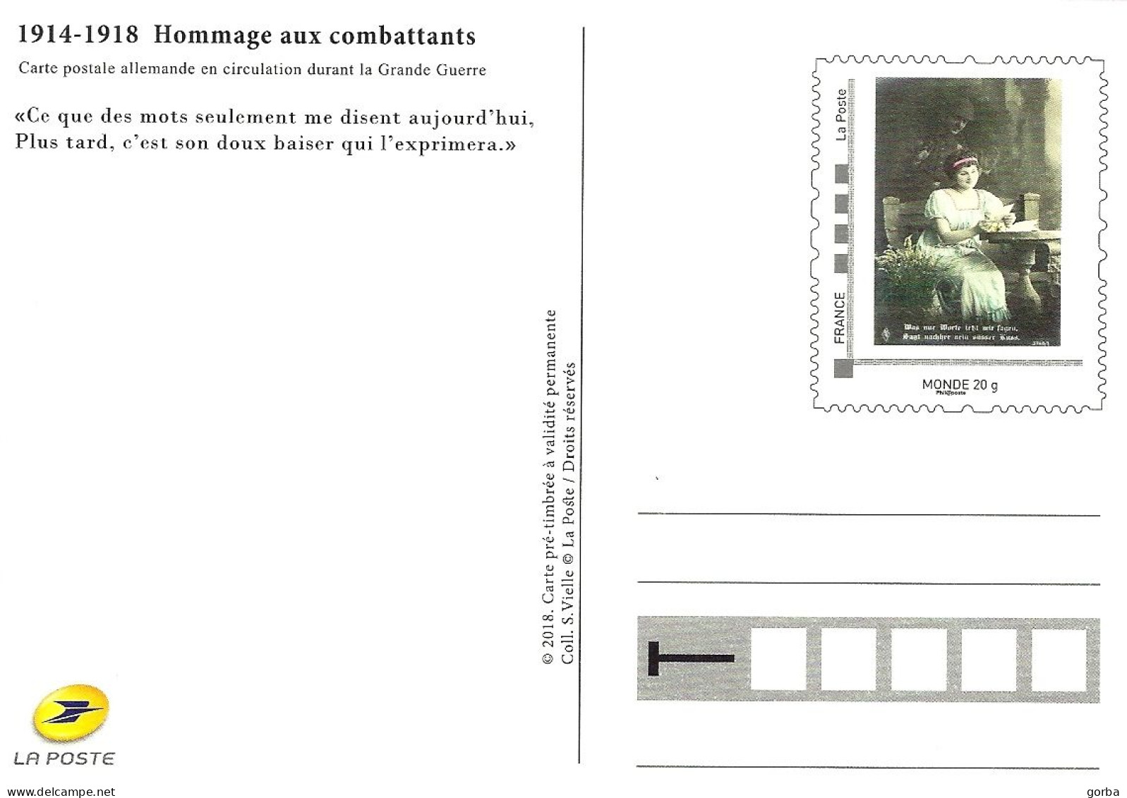 *CPM  Entier Postal - Hommage Aux Combatants - Carte Rééditée Par La Poste - CPA Allemande 14-18 - Pré Timbrée Monde 20g - Post & Briefboten