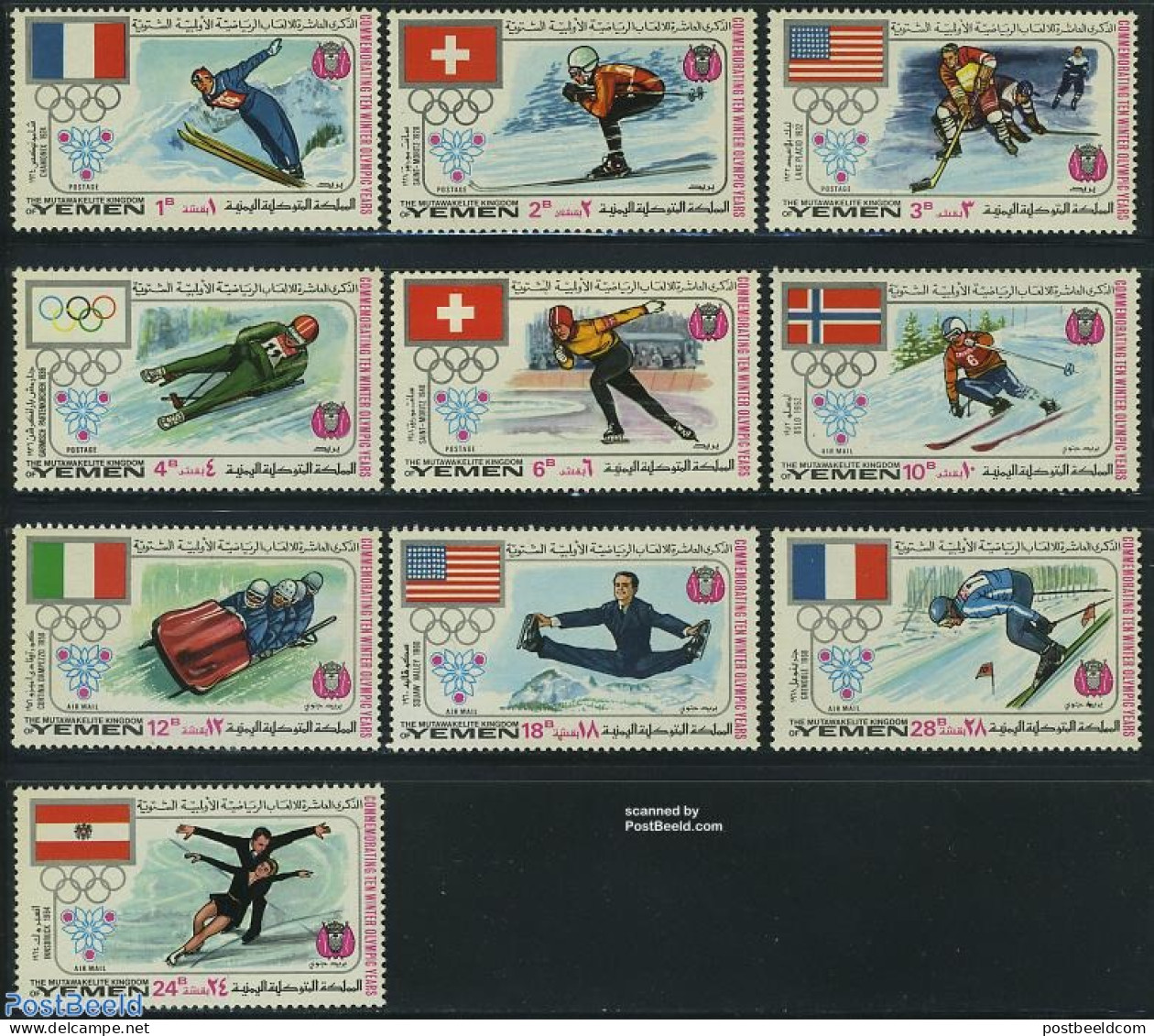 Yemen, Kingdom 1968 Olympic Winter Games, Flags 10v, Mint NH, History - Sport - Flags - Olympic Winter Games - Skating.. - Skiing