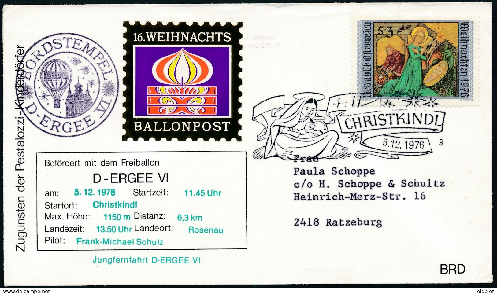 Austria ÖSTERREICH 16. WEIHNACHTSBALLONPOST 05.12.1976 CHRISTKINDL Blauer BORDSTEMPEL - Autres & Non Classés