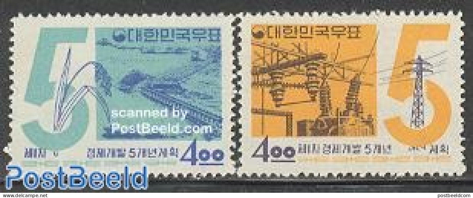 Korea, South 1962 Five Years Plan 2v, Mint NH, Nature - Science - Various - Water, Dams & Falls - Energy - Agriculture - Agriculture
