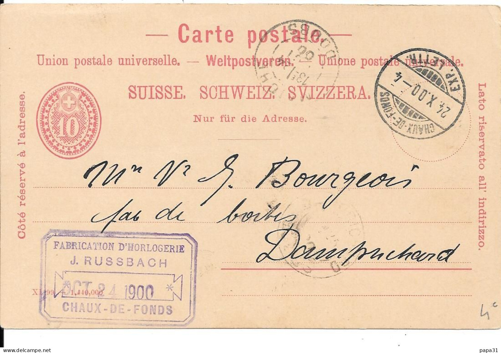 SVIZZERA - SUISSE -1900 - CHAUX De FONDS - FABRICATION D'HORLOGERIE 10 -  Post Card - Intero Postale - Entier Postal - Entiers Postaux