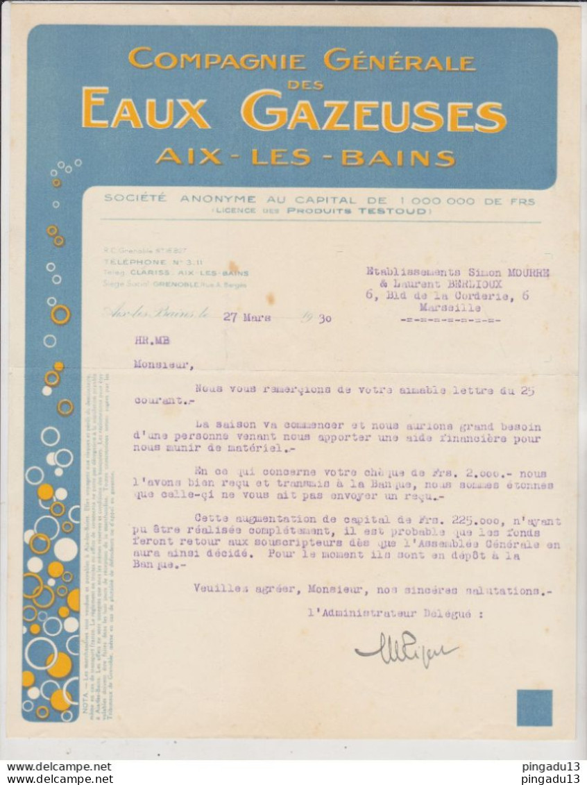 Fixe Lettre En-tête Cie Générale Des Eaux Gazeuses Aix Les Bains 23 Décembre 1930 - Lebensmittel