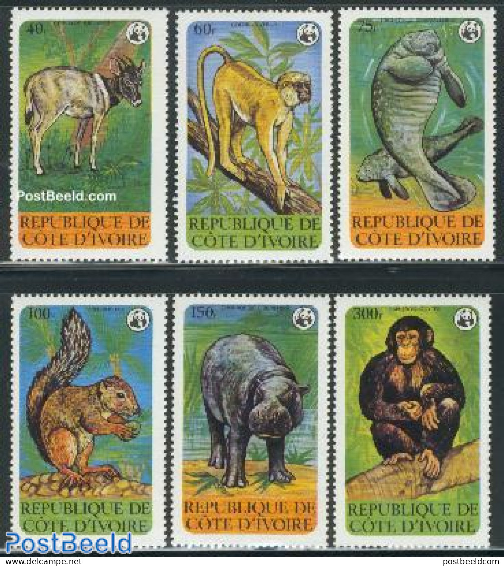 Ivory Coast 1979 WWF, Endangered Animals 6v, Mint NH, Nature - Animals (others & Mixed) - Hippopotamus - Monkeys - Sea.. - Unused Stamps