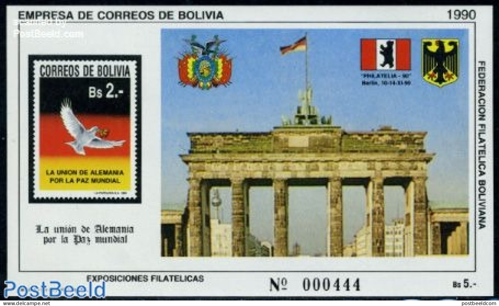 Bolivia 1990 Philatelia 90 S/s (with DDR C.o.a. On Flag), Mint NH, History - Nature - Coat Of Arms - Birds - Pigeons - Bolivie