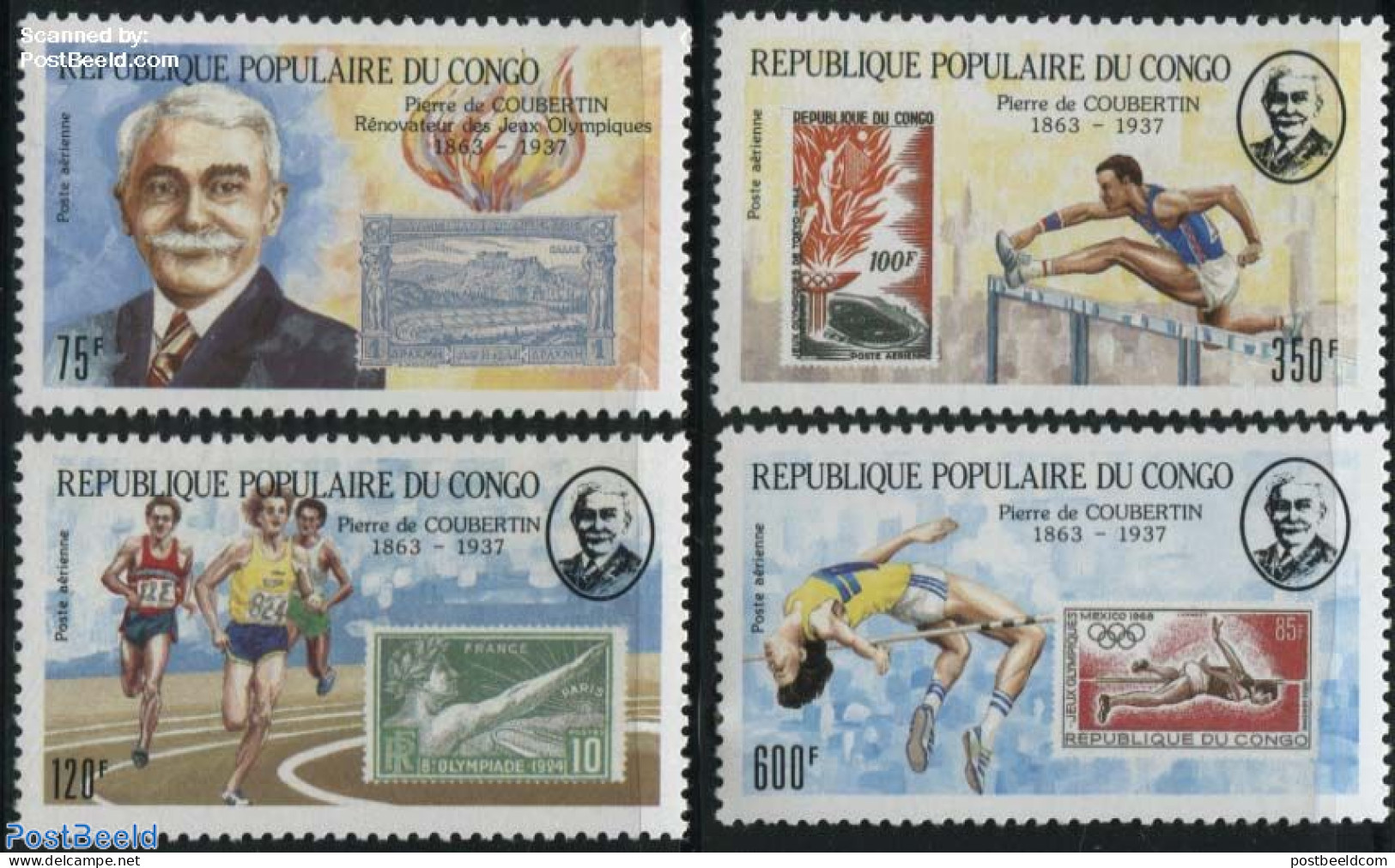 Congo Republic 1987 Pierre De Coubertin 4v, Mint NH, Sport - Olympic Games - Sport (other And Mixed) - Stamps On Stamps - Briefmarken Auf Briefmarken