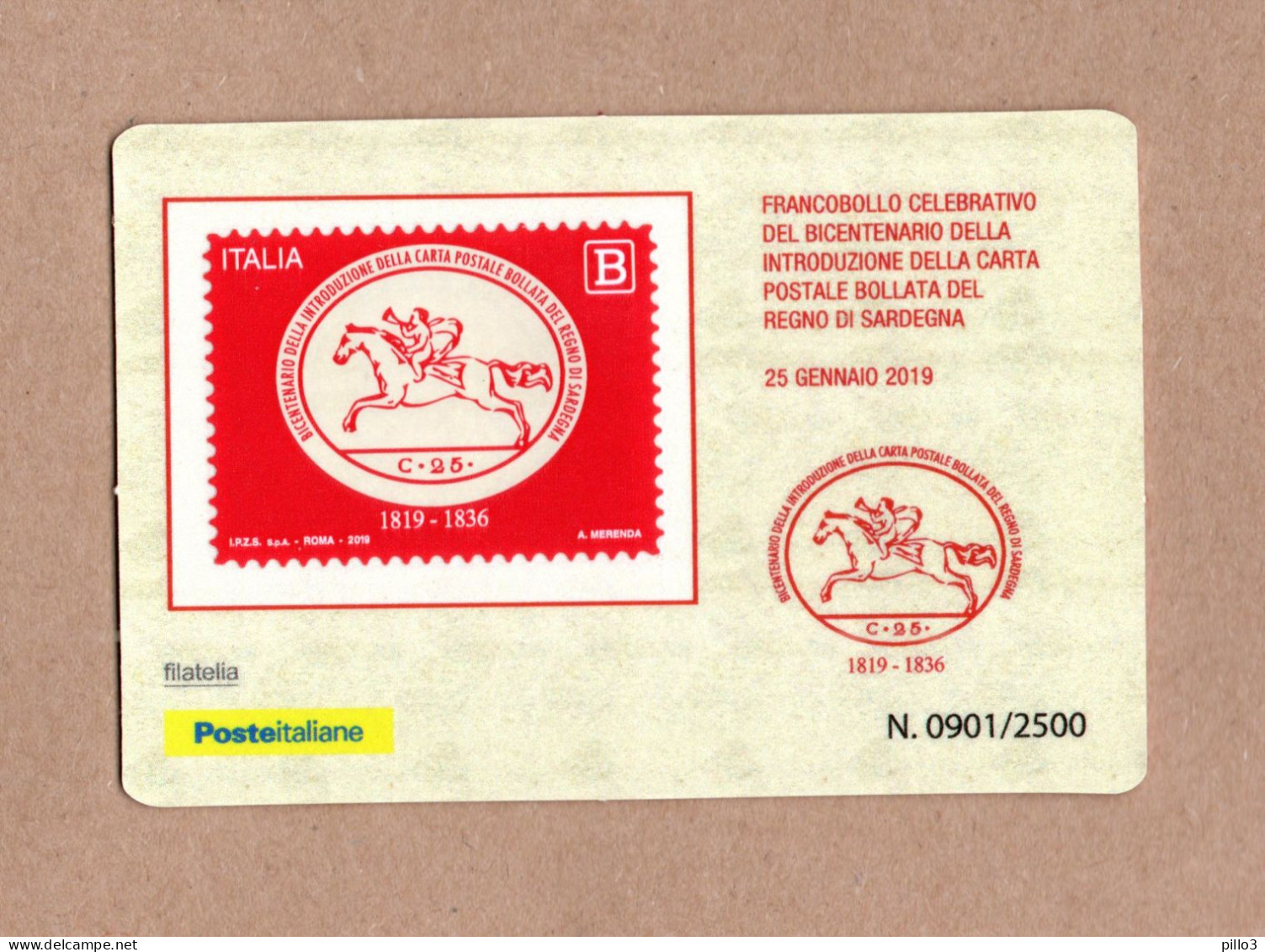 ITALIA  : Tessera Fil. 200° Carta Postale Bollata Regno Di Sardegna - 25.01.2019 - Cartes Philatéliques