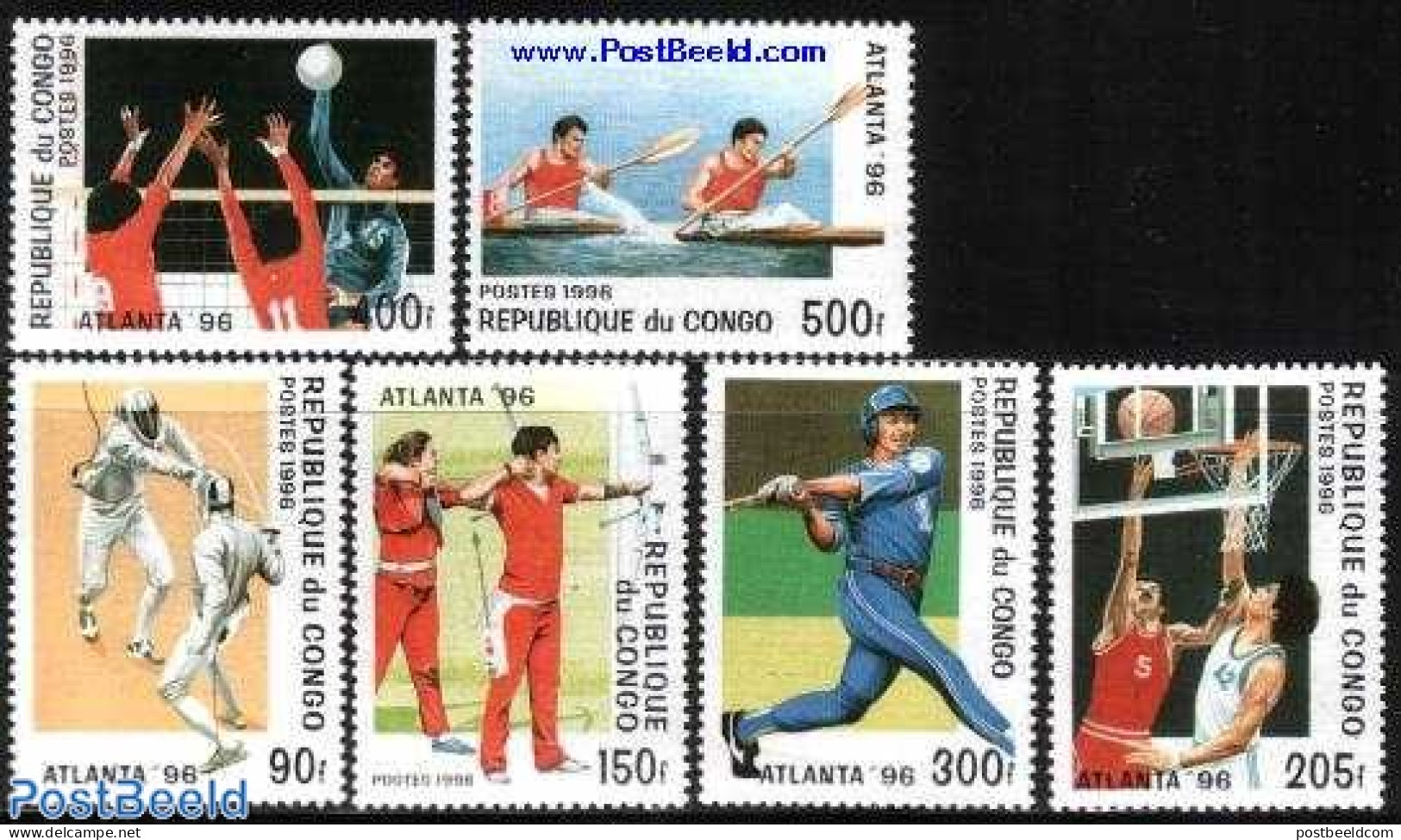 Congo Republic 1996 Olympic Games Atlanta 6v, Mint NH, Sport - Baseball - Basketball - Olympic Games - Volleyball - Baseball