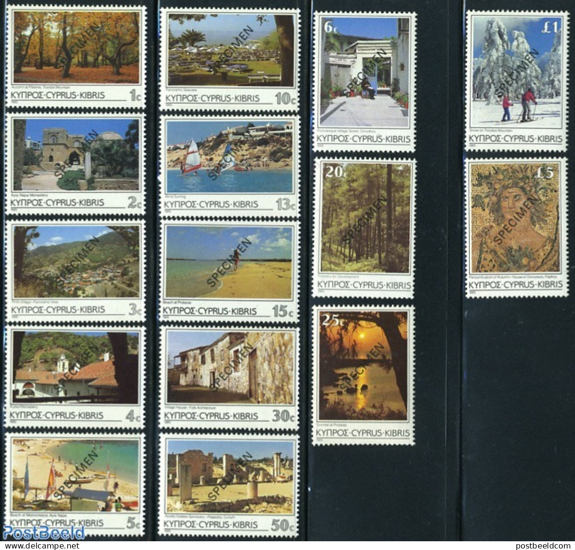 Cyprus 1985 Definitives 15v SPECIMEN, Mint NH, Nature - Sport - Transport - Trees & Forests - Skiing - Ships And Boats - Unused Stamps