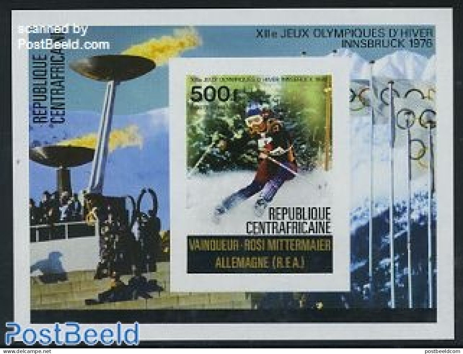 Central Africa 1976 Winter Olympic Games S/s Imperforated, Mint NH, Sport - Olympic Winter Games - Skiing - Skiing