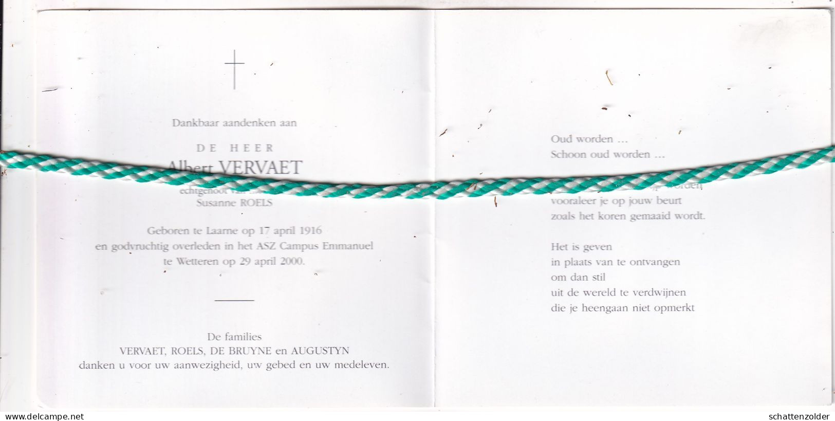 Albert Vervaet-Roels, Laarne 1916, Wetteren 2000. Foto - Décès