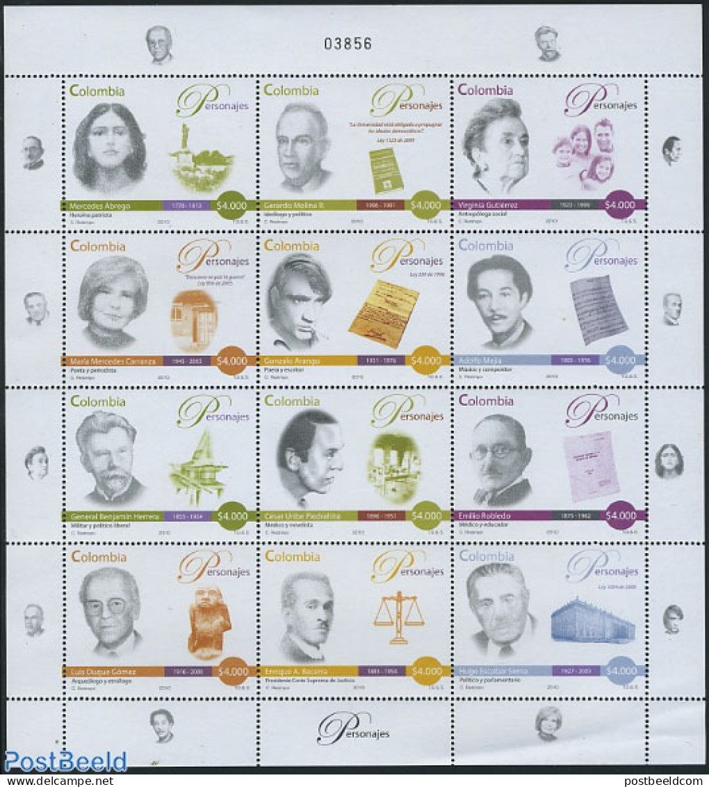 Colombia 2010 Famous Persons 12v M/s, Mint NH, History - Performance Art - Various - Archaeology - Music - Justice - A.. - Archaeology