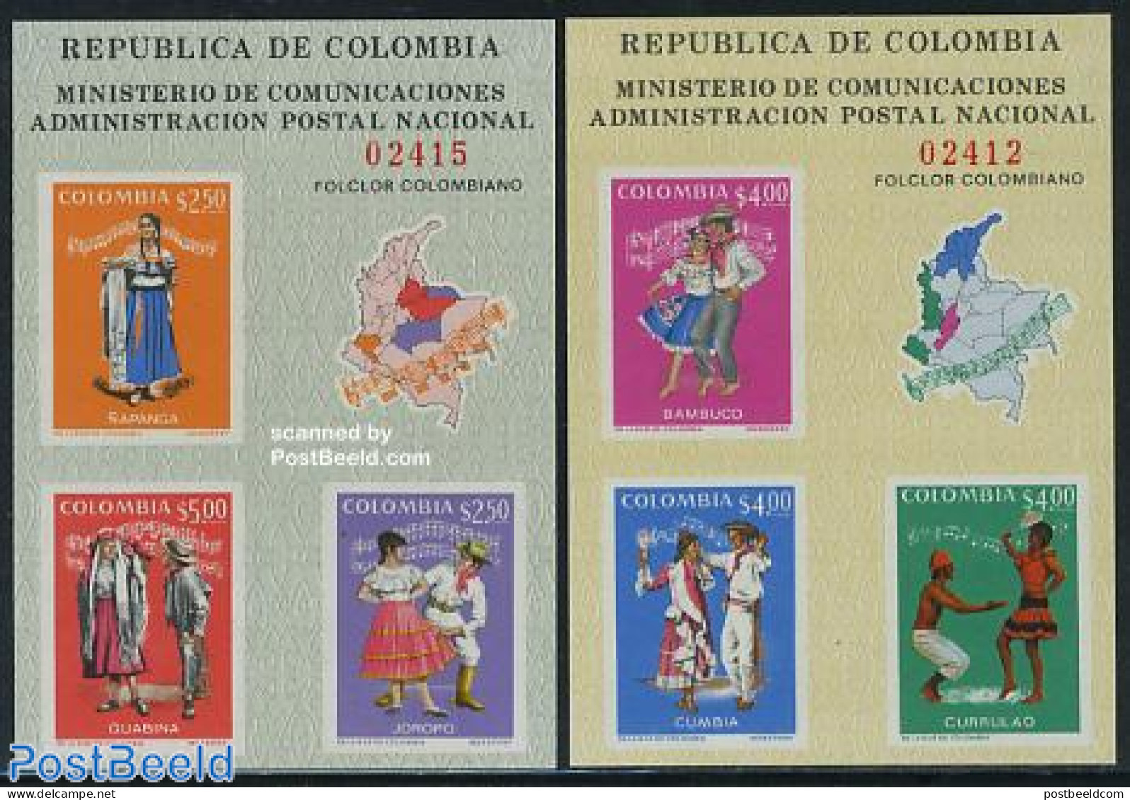 Colombia 1971 Costumes, Music 2 S/s, Mint NH, Performance Art - Various - Music - Costumes - Musique