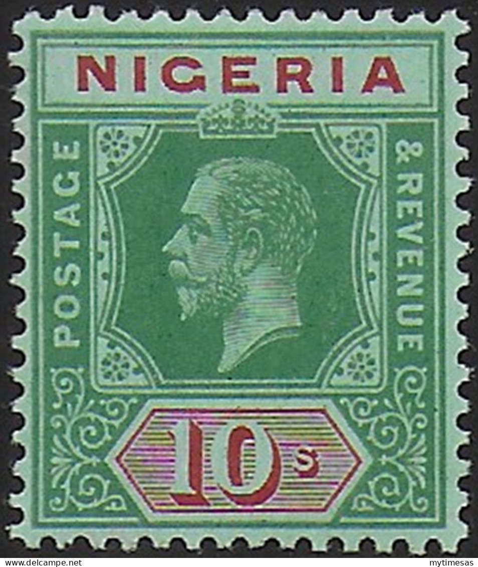 1921 Nigeria George V 10s. On Emeral, Emerald Back MNH SG N. 11d - Other & Unclassified