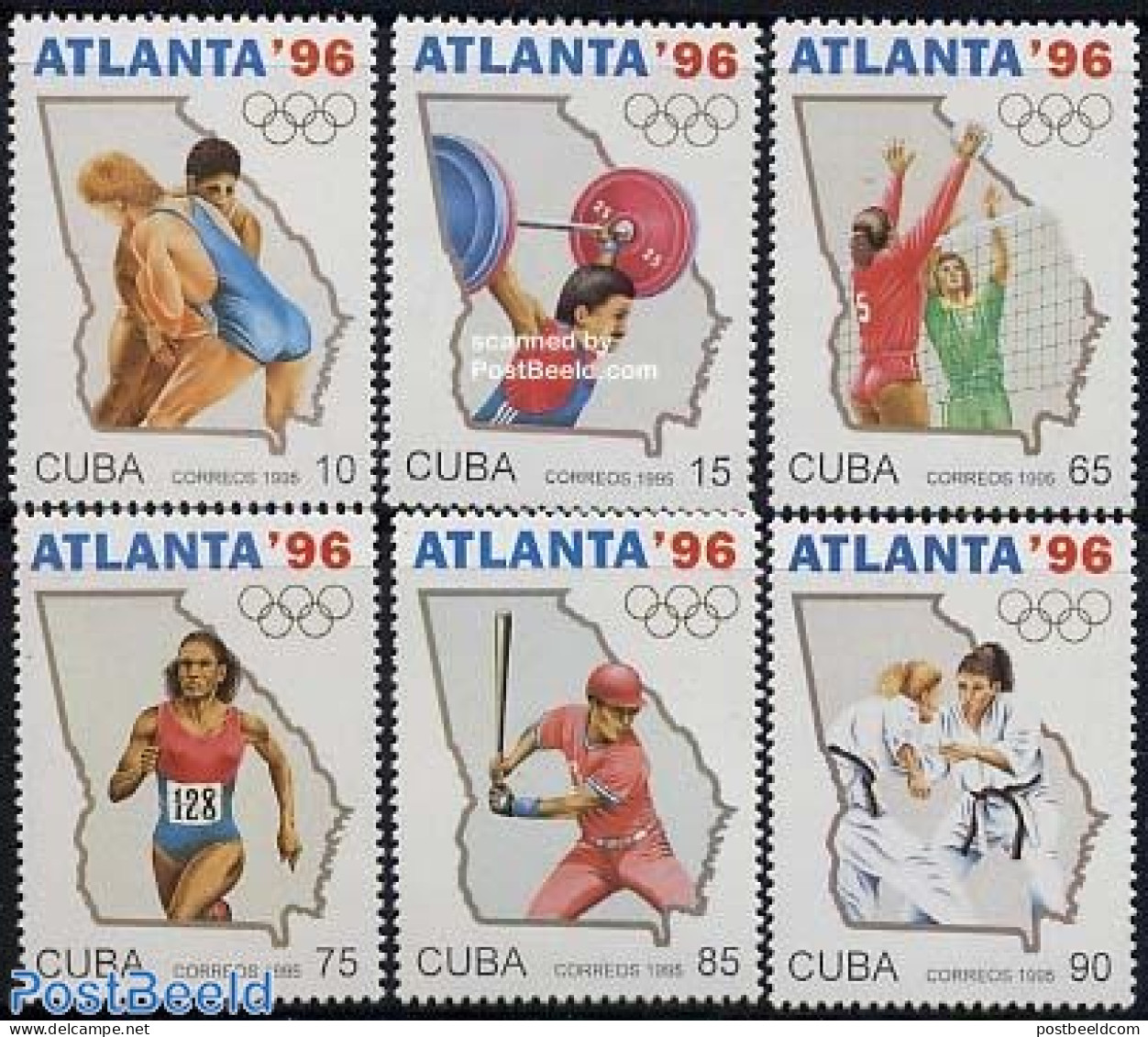 Cuba 1995 Olympic Games Atlanta 6v, Mint NH, Sport - Athletics - Baseball - Judo - Olympic Games - Volleyball - Weight.. - Unused Stamps