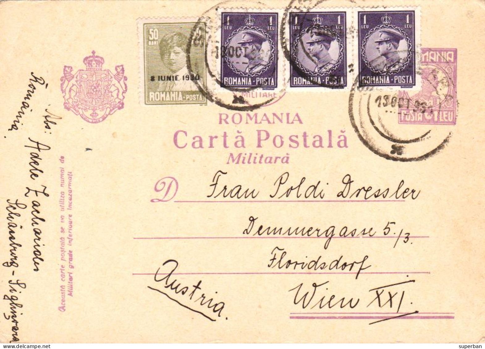 ROMANIA : CARTE POSTALA MILITARA / CARTE POSTALE MILITAIRE / MILITARY POSTCARD : SIGHISOARA -> WIEN ~ 1930 - '31 (an739) - Postal Stationery