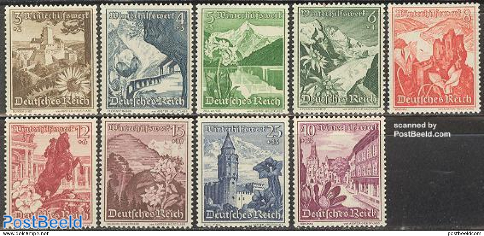 Germany, Empire 1938 Landscapes And Flowers 9v, Unused (hinged), Nature - Flowers & Plants - Roses - Art - Architectur.. - Ungebraucht