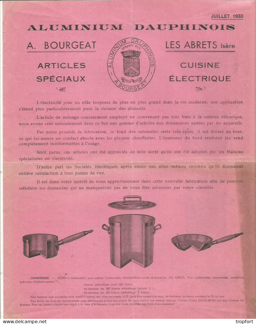 Page  Publicitaire  CUISINE   Ustensil Cuisine ALUMINIUM DAUPHINOIS LES ABRETS 1933 - Advertising