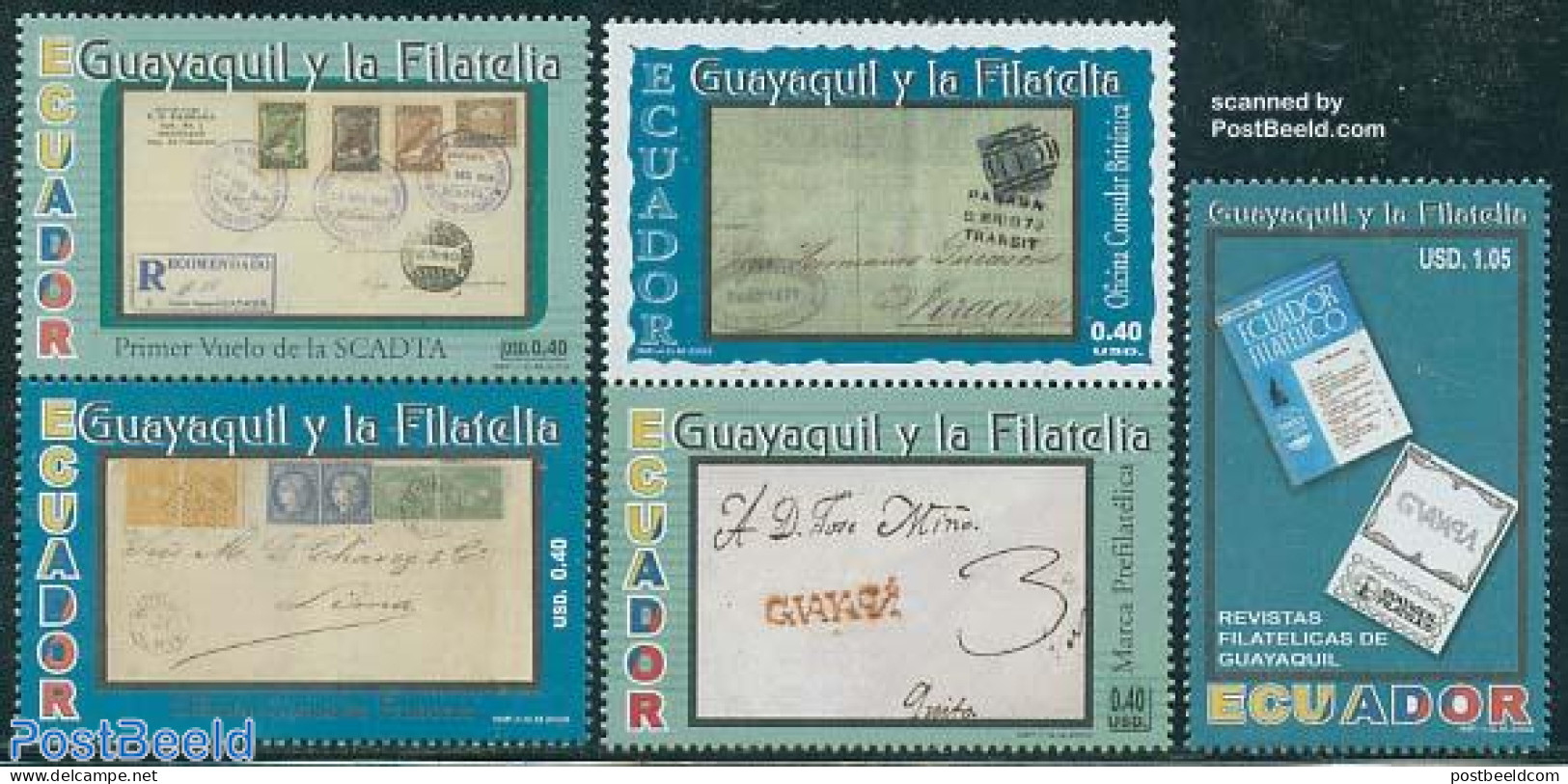 Ecuador 2003 Guayaquil & Philately 5v (1v+2x[:]), Mint NH, Stamps On Stamps - Timbres Sur Timbres