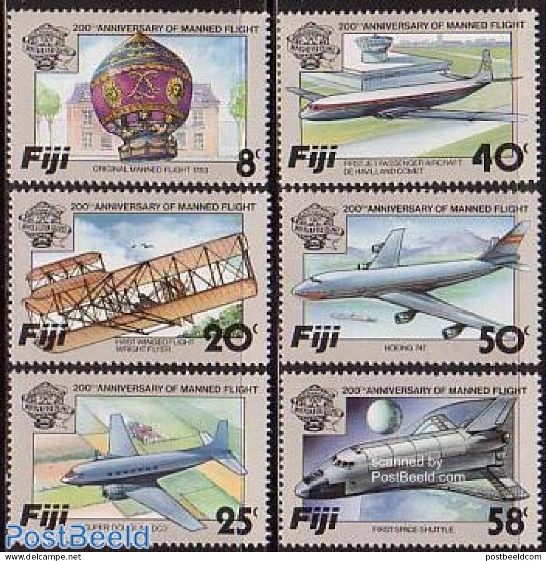 Fiji 1983 Aviation Bi-centenary 6v, Mint NH, Transport - Balloons - Aircraft & Aviation - Space Exploration - Airships
